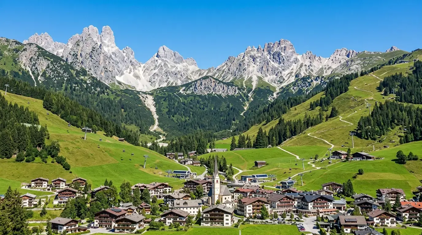 Flachau Alpine village below green ski slopes and rugged Salzburg mountain peaks
