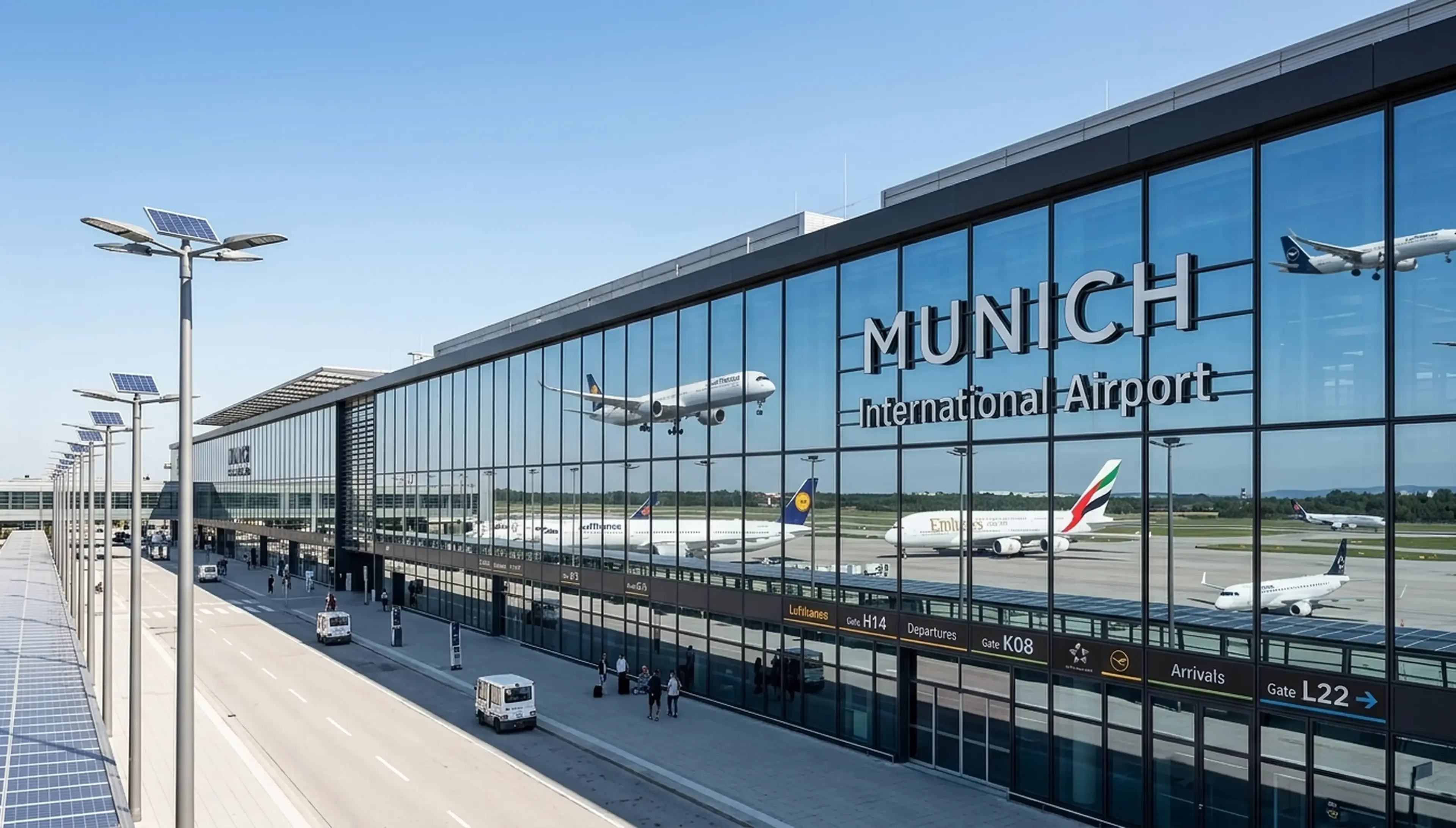Munich Airport terminal and apron with international aircraft