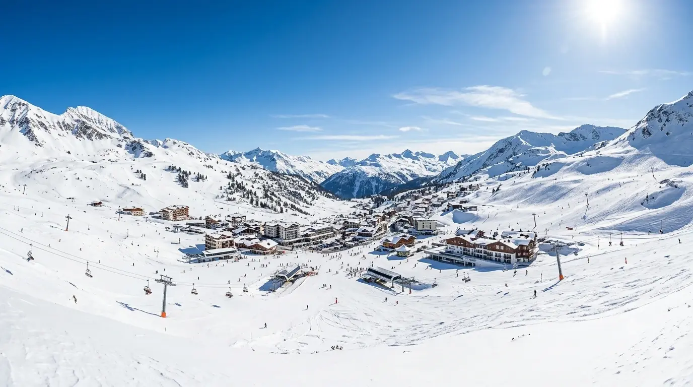 Snow-covered Obertauern resort village, ski pistes and Alpine peaks