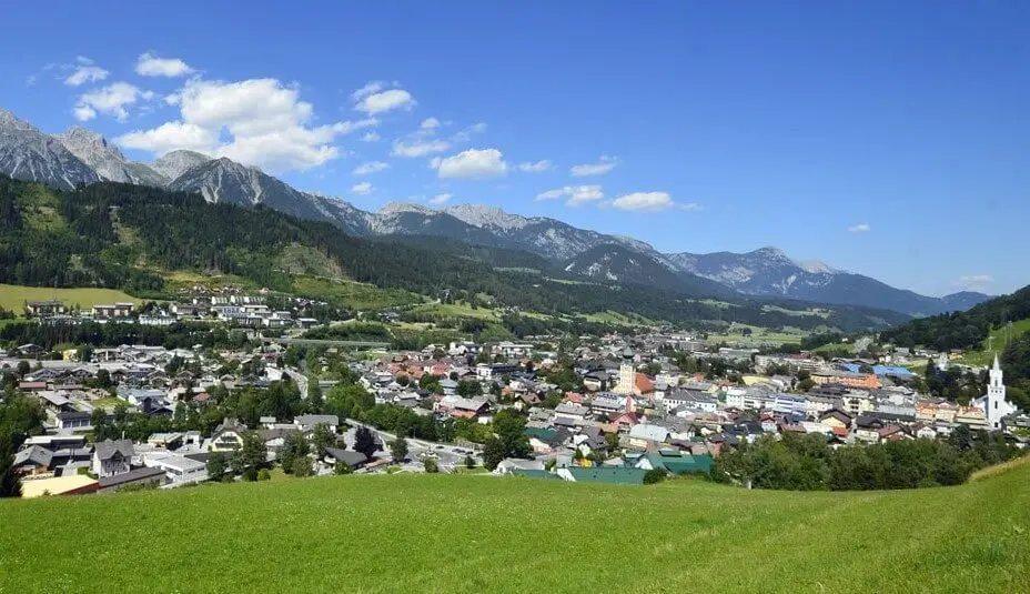 Schladming town below the green Styrian Alps and Dachstein mountains