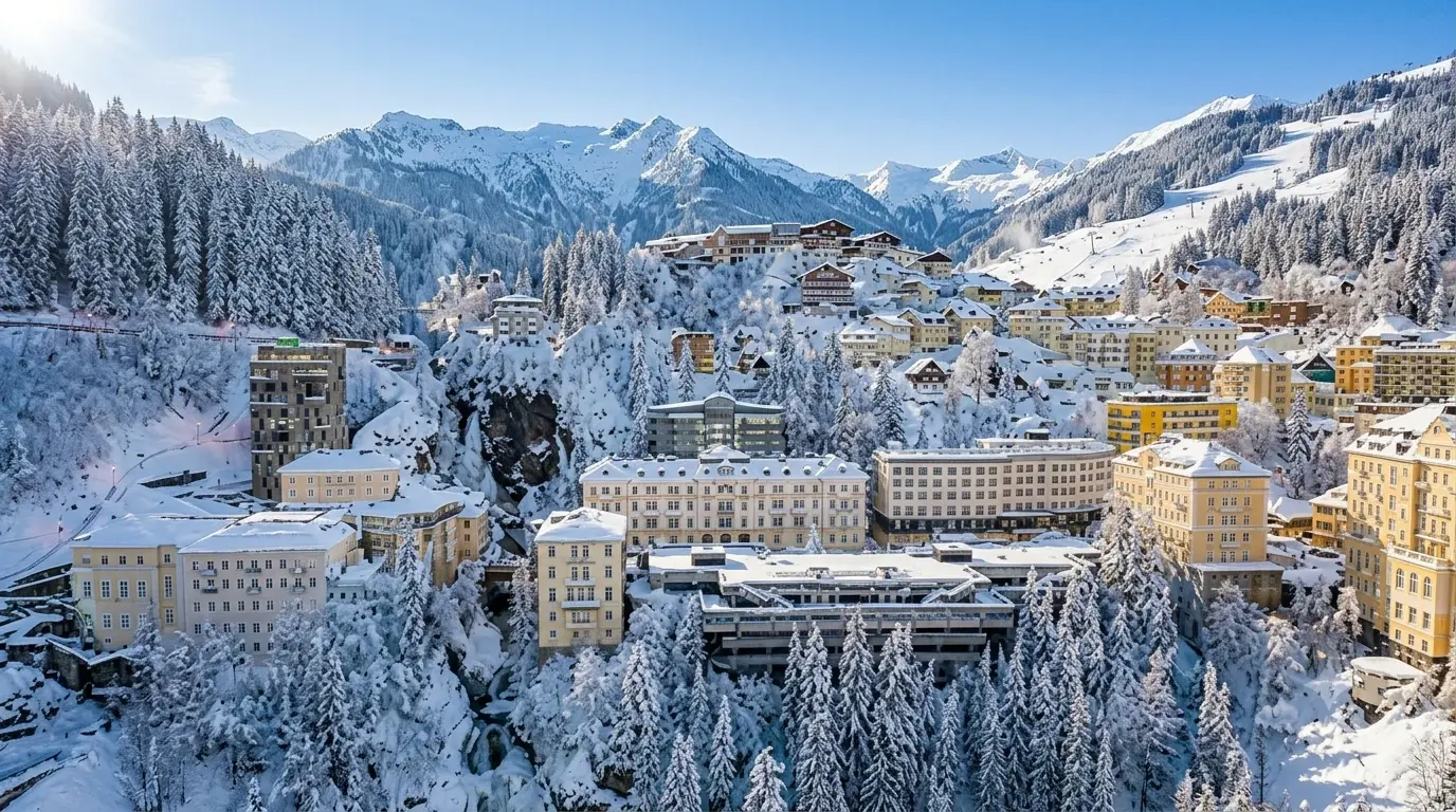 Snow-covered Bad Gastein, waterfall gorge and Alpine ski mountains