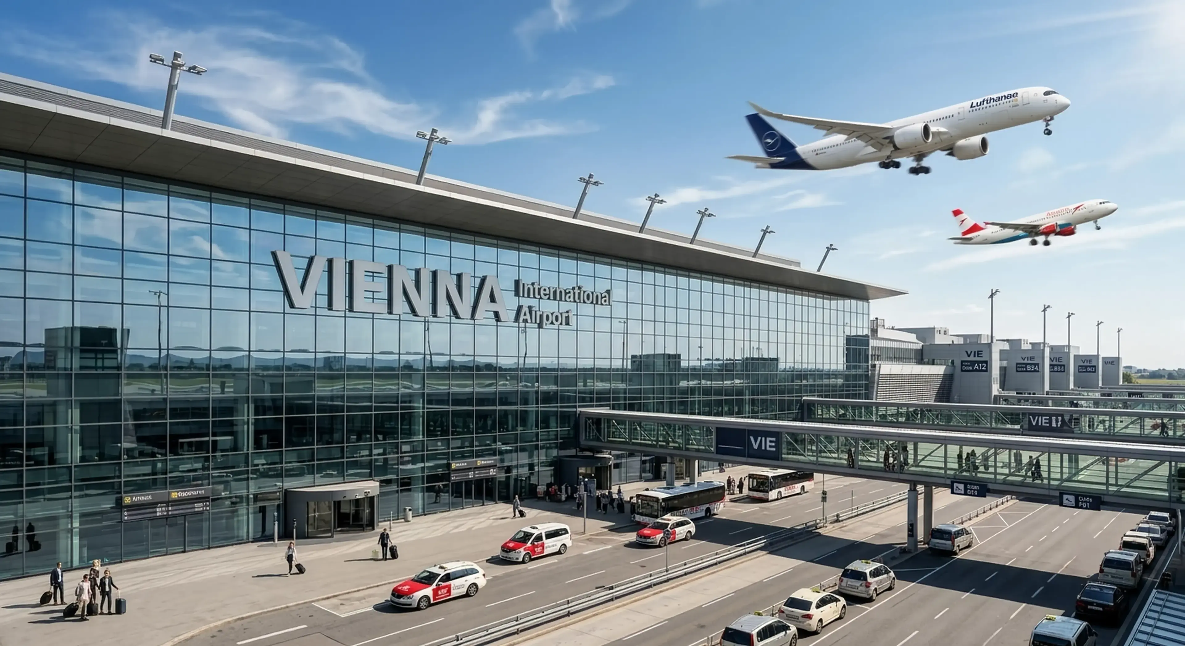 Vienna Airport terminal exterior with international aircraft