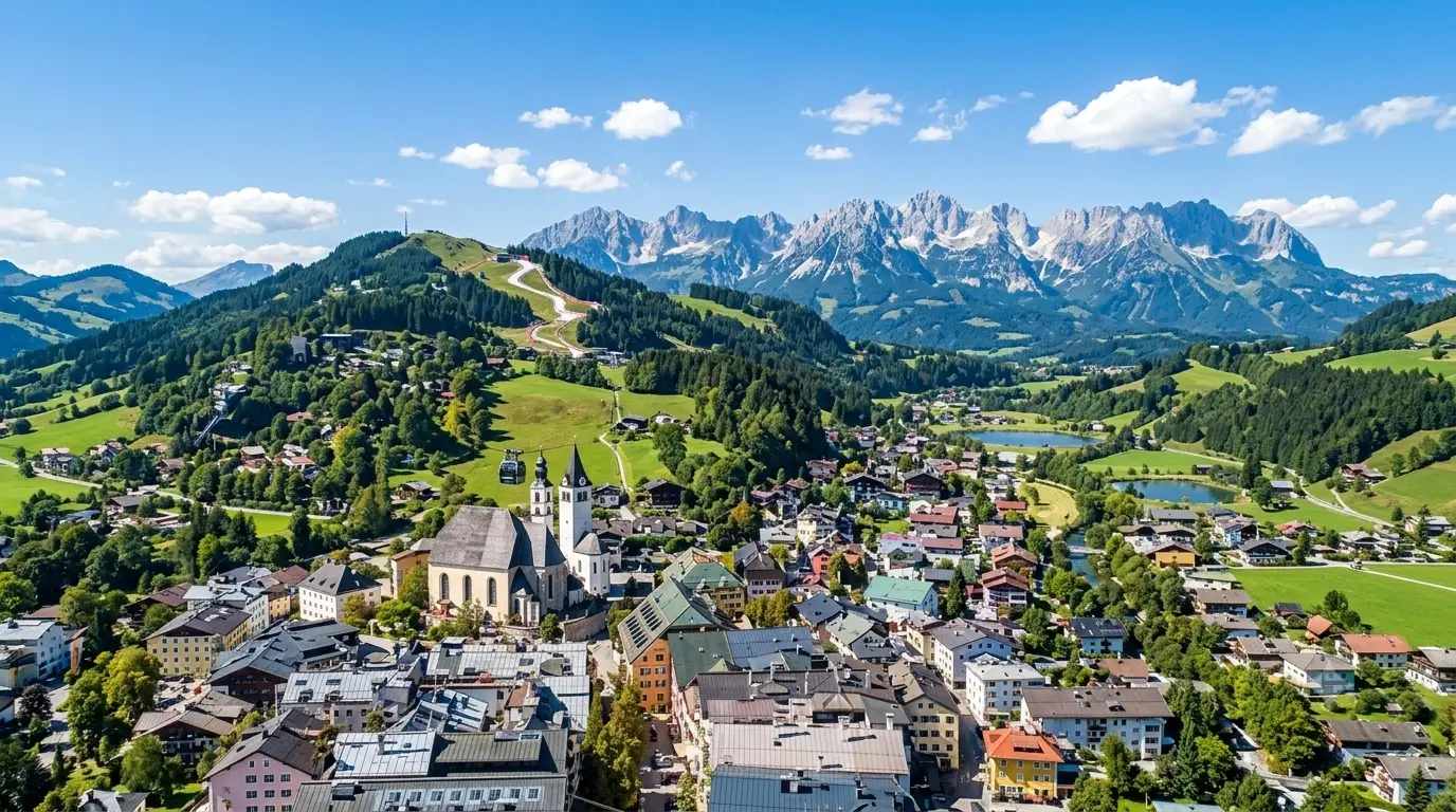 Kitzbühel historic town, ski slopes and Wilder Kaiser mountains