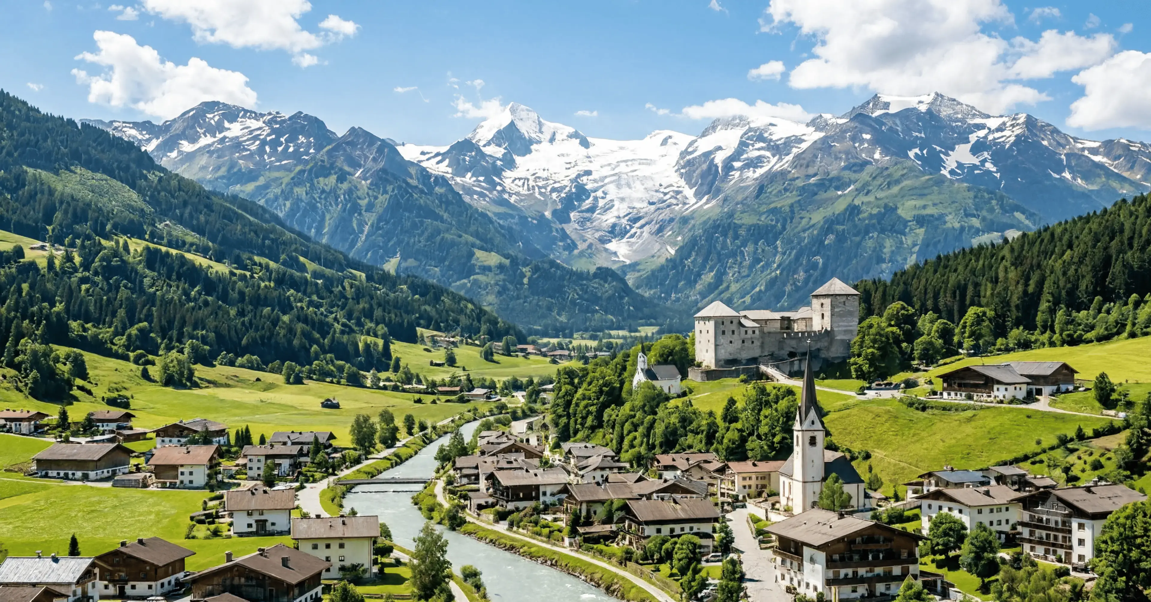 Salzburg to Kaprun private transfer and return day trip Kaprun village, Kaprun Castle and glacier-covered Hohe Tauern mountains on a transfer from Salzburg
