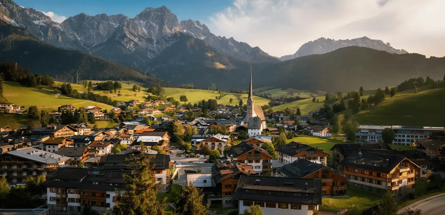 Salzburg Airport to Maria Alm private transfer Maria Alm village and church beneath the Hochkönig mountains in the Salzburg Alps