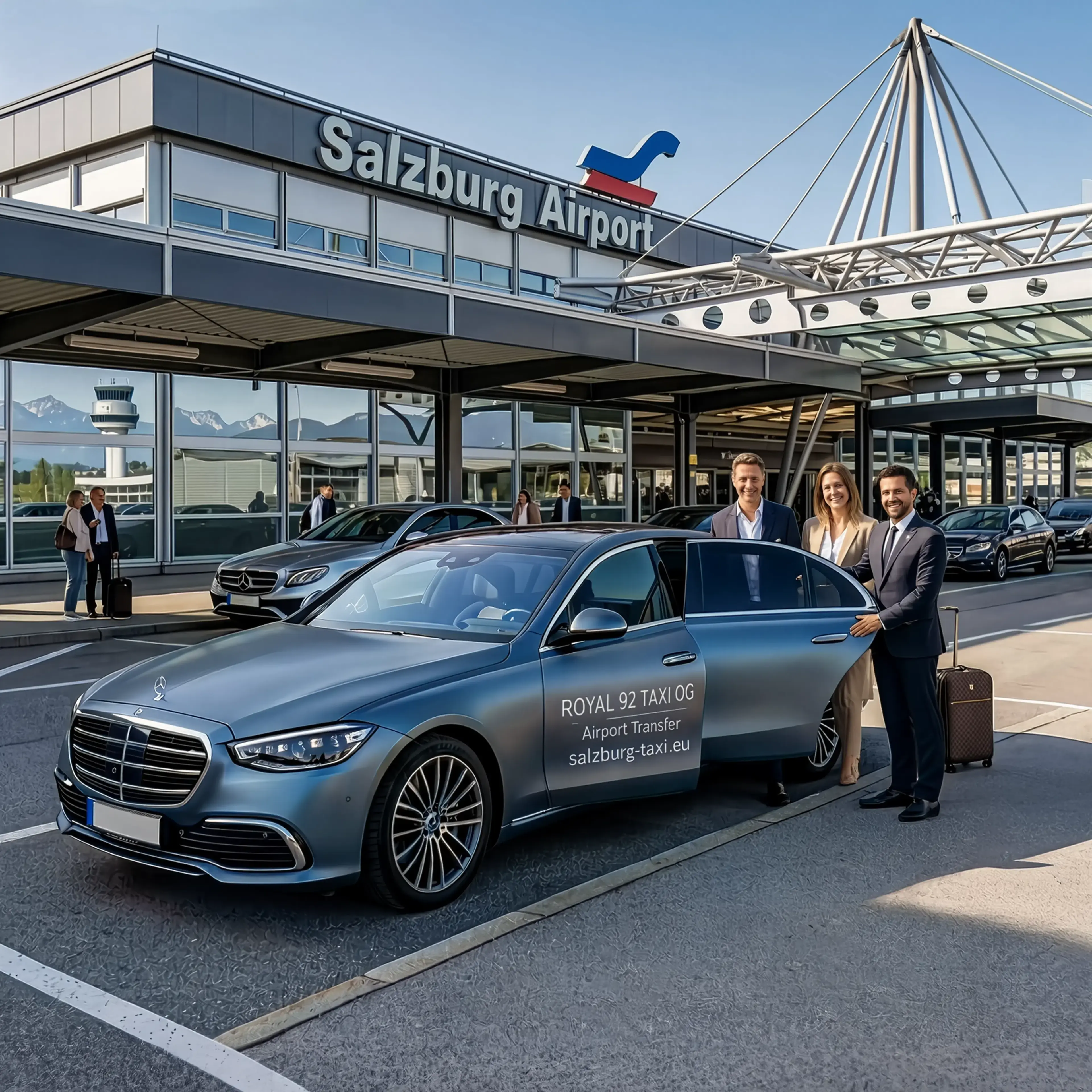 Salzburg Airport Transfer – Private Mercedes Taxi Pickup Private Salzburg Airport transfer chauffeur opening a Mercedes taxi door for two passengers with luggage outside the terminal